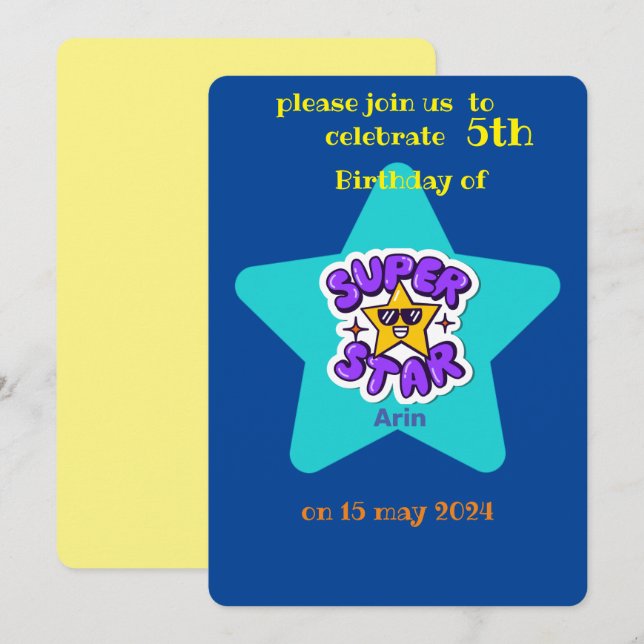 Invitation anniversaire de enfant superstar (Devant / Derrière)