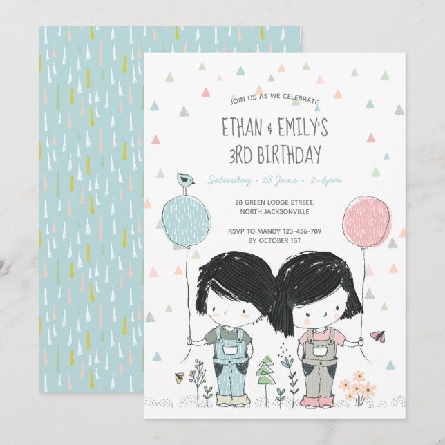 Invitation Anniversaire de enfant Twins (Devant / Derrière)