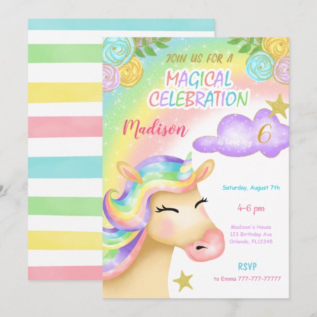 Invitation Anniversaire de enfant Unicorn (Devant / Derrière)