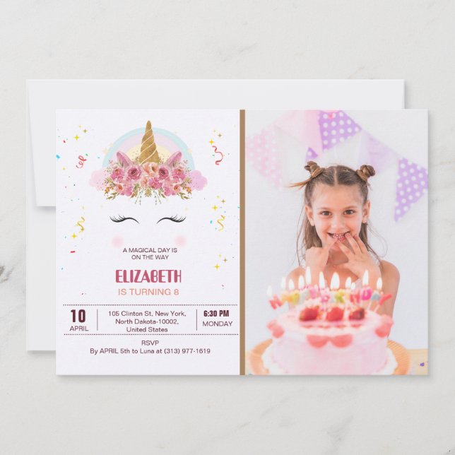 Invitation Anniversaire de enfant Unicorn thème photo personn (Devant)