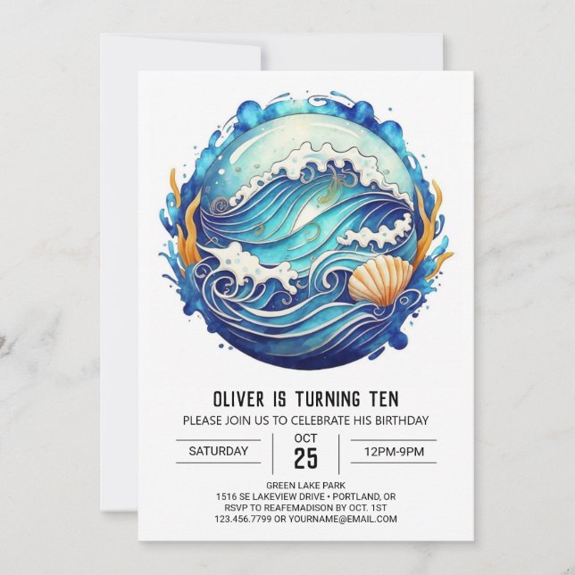 Invitation Anniversaire de enfant Vagues d'aquarelle marémotr (Devant)