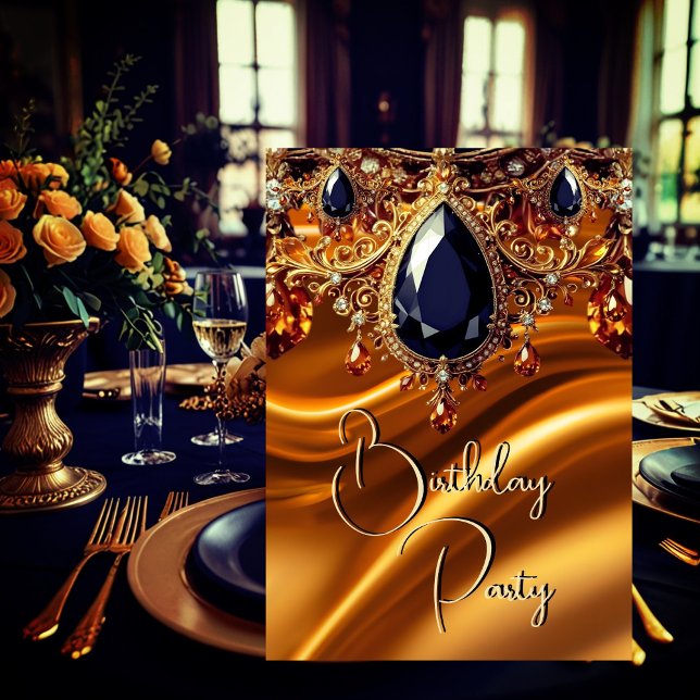 Invitation Anniversaire de fête Caramel Or Soie Noir Bleu Jeu (Créateur téléchargé)