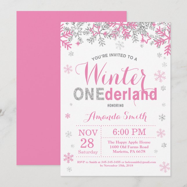 Invitation Anniversaire de fille argentée rose d'Onederland (Devant / Derrière)