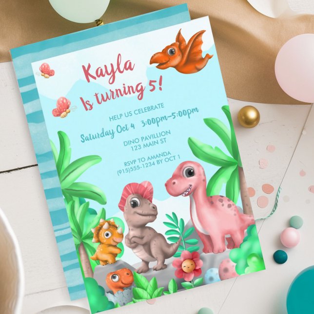 Invitation Anniversaire de fille avec dinosaure (Girl's Dinosaur Birthday Party Invitation)