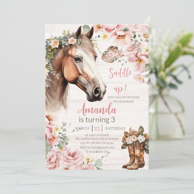 Invitation Anniversaire de Fille Cheval Rose Floral Saddle Up (Debout devant)