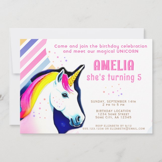 Invitation Anniversaire de fille magique Licorne Mignonne (Devant)