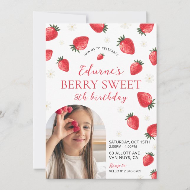 Invitation Anniversaire de fille photo douce Berry modifiable (Devant)