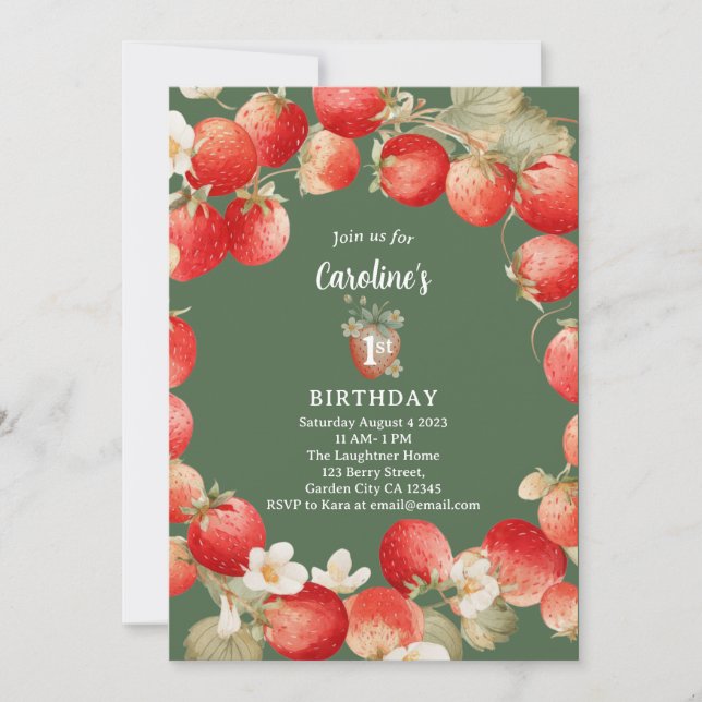 Invitation Anniversaire de Fille Premier avec Fraise Aquarell (Devant)