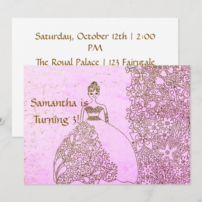 Invitation Anniversaire de fille princesse rose capricieux  (Devant / Derrière)