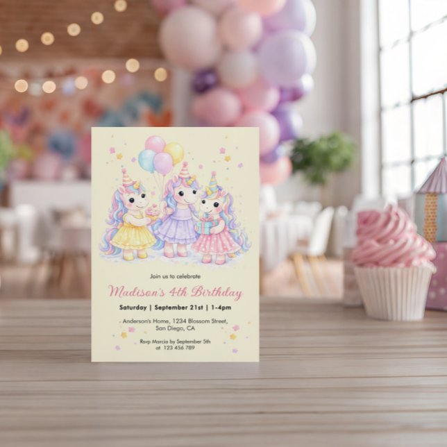 Invitation Anniversaire de filles licorne aquarelle pastel (Créateur téléchargé)