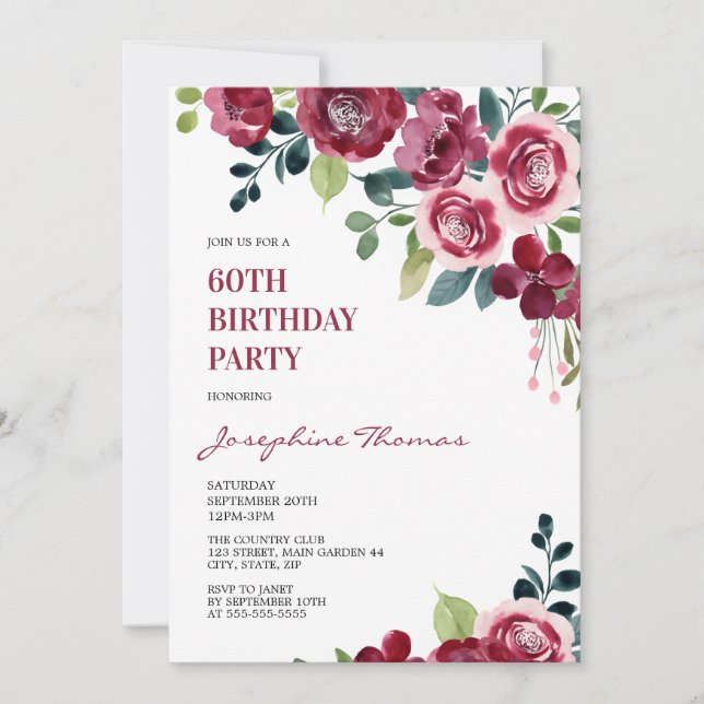 Invitation Anniversaire de Fleur de Verdure Rose Rose Marron (Devant)