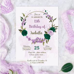 Invitation anniversaire de fleurs violettes vert émeraude