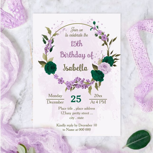 Invitation anniversaire de fleurs violettes vert émeraude (Créateur téléchargé)