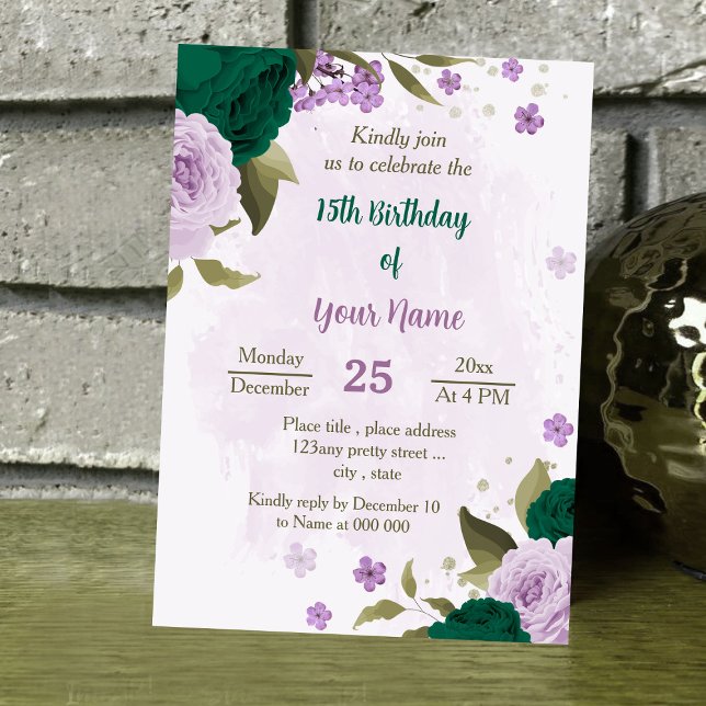 Invitation anniversaire de fleurs violettes vert émeraude (Créateur téléchargé)
