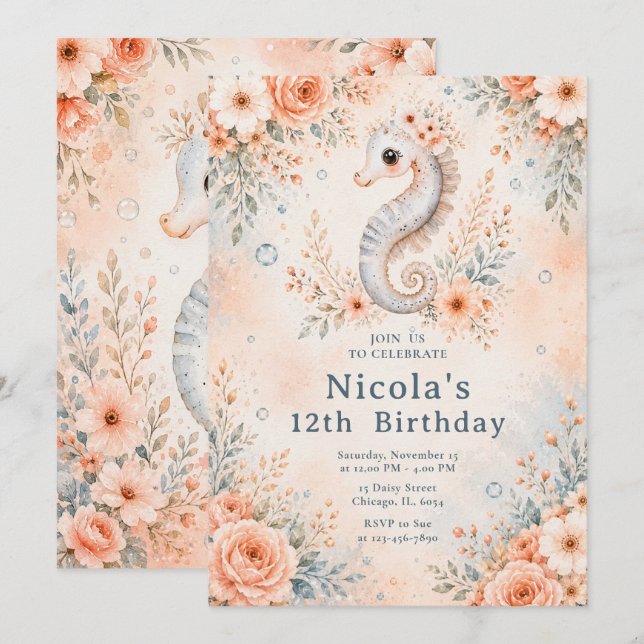 Invitation Anniversaire de Floral Seahorse (Devant / Derrière)
