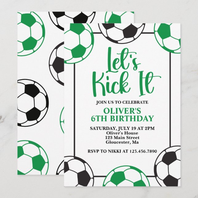 Invitation Anniversaire de foot vert et noir (Devant / Derrière)