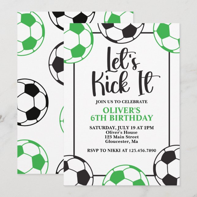 Invitation Anniversaire de foot vert et noir (Devant / Derrière)