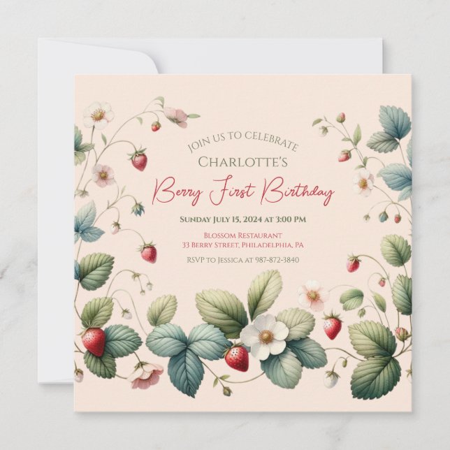 Invitation Anniversaire de fraises rose "Berry First" (Devant)