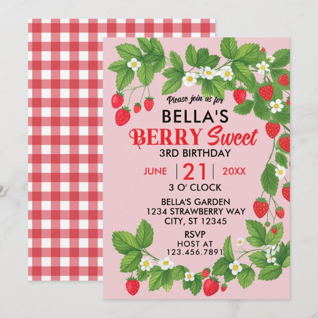 Invitation Anniversaire de fraises sucrées (rouge et rose) (Devant / Derrière)