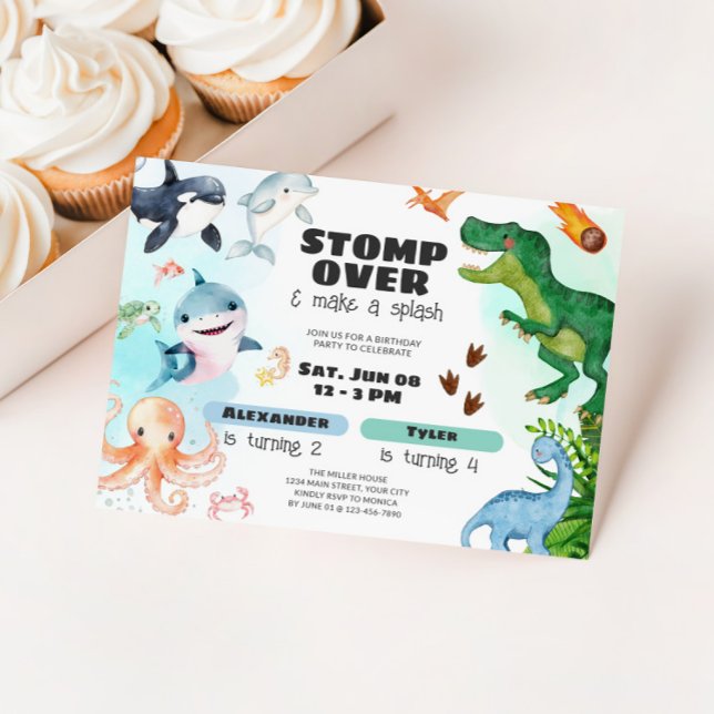 Invitation Anniversaire de frère et soeur Dinosaure et Requin (Sharks & Dinosaur Birthday Party Invite)