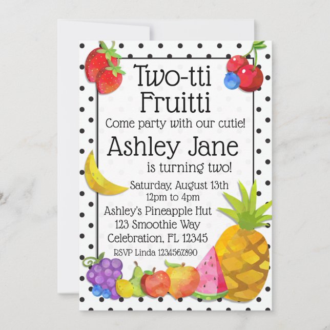 Invitation Anniversaire de fruit tropical de Two-tti Fruitti (Devant)