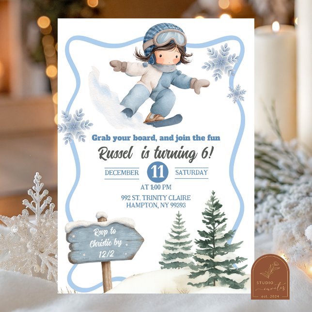 Invitation Anniversaire de garçon en snowboard (Créateur téléchargé)