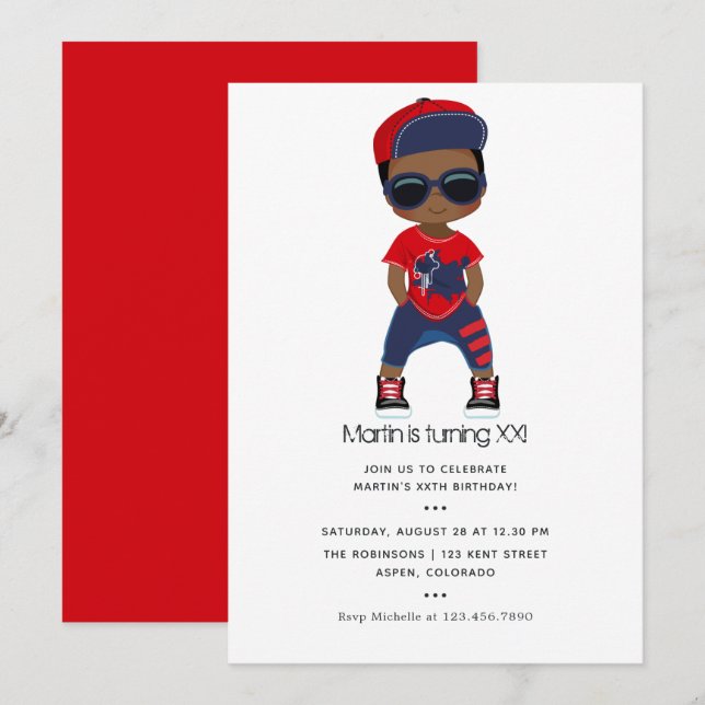Invitation Anniversaire de garçon sur le thème du Hip Hop rou (Devant / Derrière)