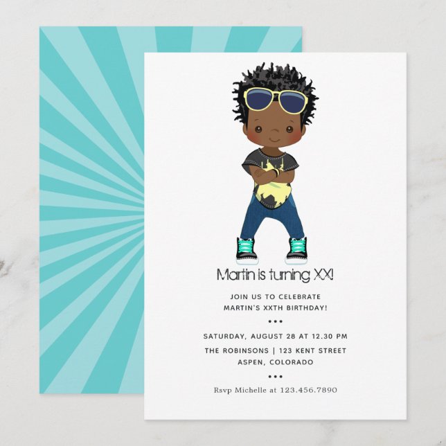 Invitation Anniversaire de garçon sur le thème Hip Hop (Devant / Derrière)