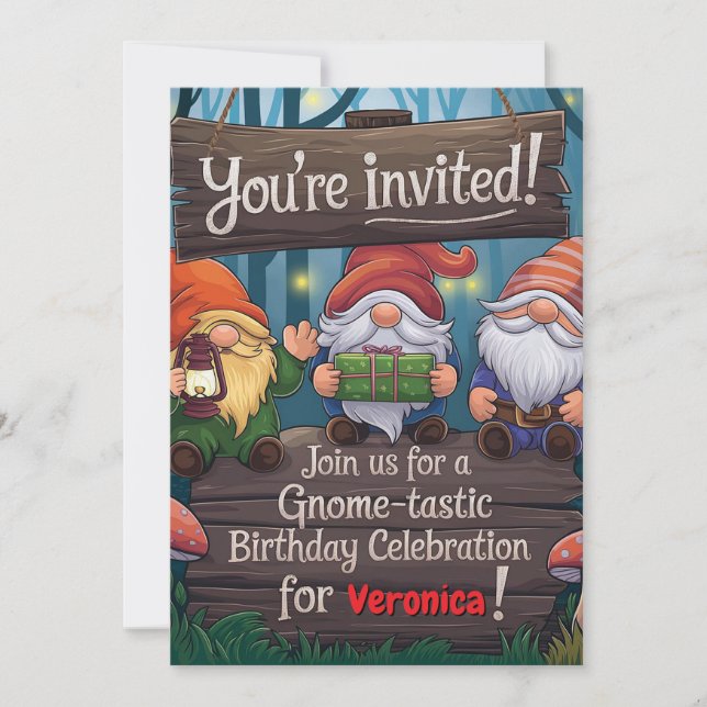 Invitation Anniversaire de Gnome Whimsical, Soirée Forestière (Devant)