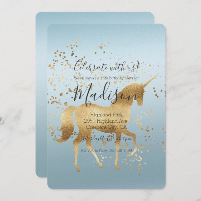 Invitation Anniversaire de Gold Unicorn Aqua Ombre (Devant / Derrière)