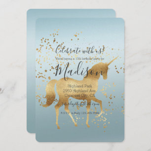 Invitation Anniversaire de Gold Unicorn Aqua Ombre