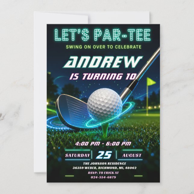 Invitation Anniversaire de golf néon personnel (Devant)