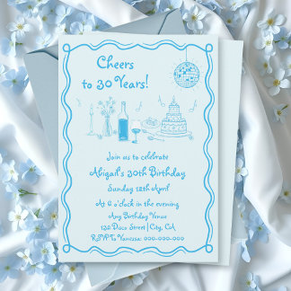 Invitation Anniversaire de gribouillis bleu d'aqua rétro