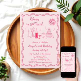 Invitation Anniversaire de gribouillis rétro whimsical rose c