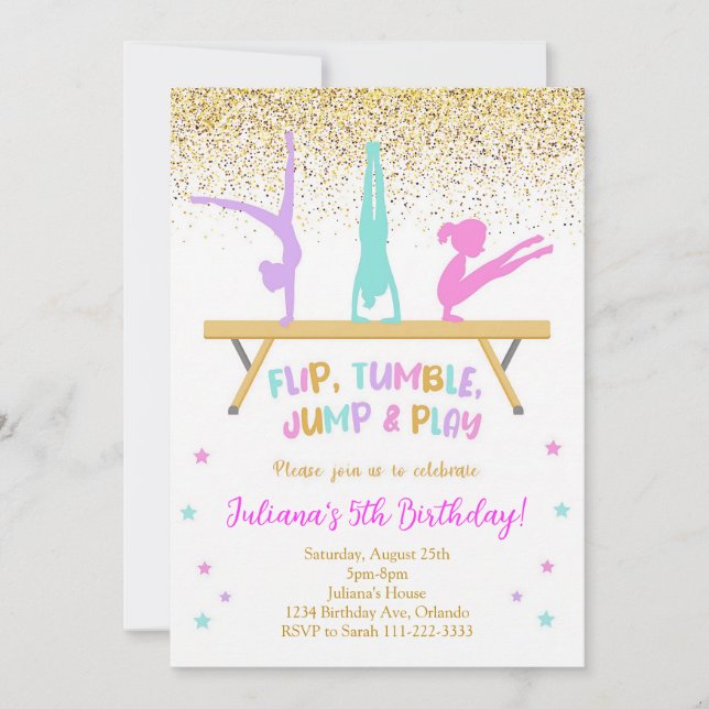 Invitation Anniversaire de gymnastique Golden Glitter (Devant)