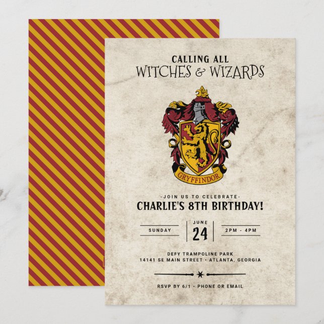 Invitation Anniversaire de Harry Potter | Gryffindor (Devant / Derrière)