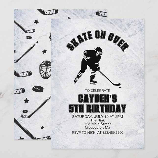 Invitation Anniversaire de hockey noir et blanc (Devant / Derrière)