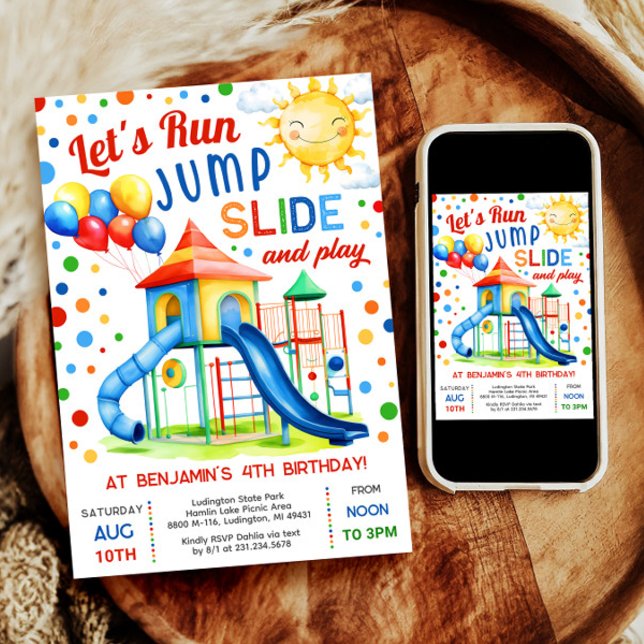 Invitation Anniversaire de jeu - Exécuter Jump Diapositive Jo (Celebrate with our digital Park Slide invitation—perfect for a boy's outdoor playground birthday.)