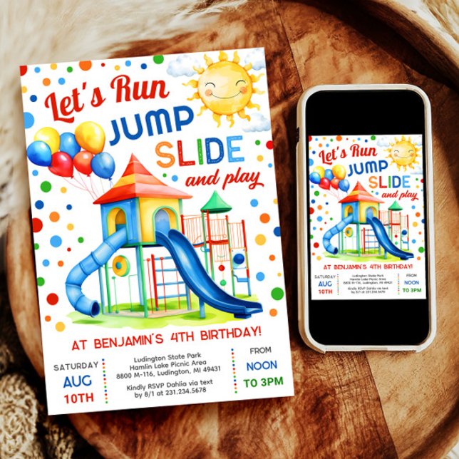 Invitation Anniversaire de jeu - Exécuter Jump Diapositive Jo (Celebrate with our digital Park Slide invitation—perfect for a boy's outdoor playground birthday.)
