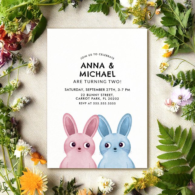 Invitation Anniversaire de jumeaux avec lapins bleus et roses (Créateur téléchargé)