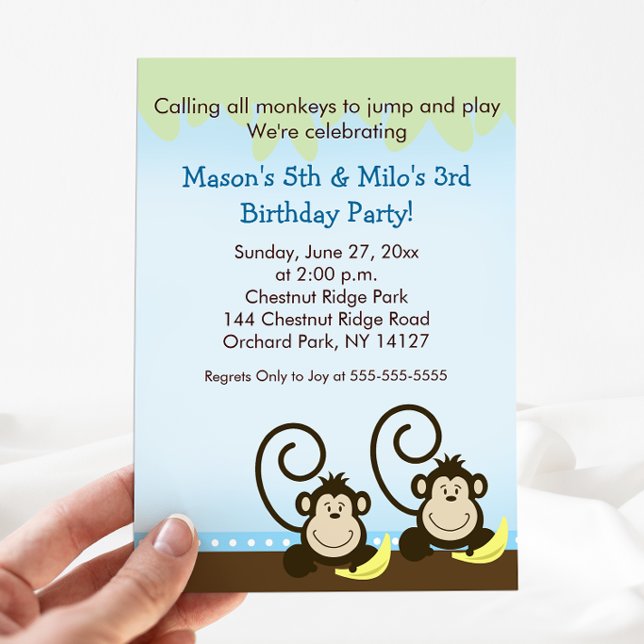 Invitation Anniversaire de jumeaux singes  (Twin Boys Birthday Invitation)