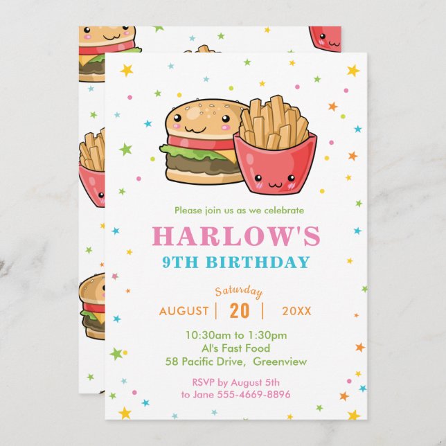 Invitation Anniversaire de Kawaii Cute, Fille du Burger Party (Devant / Derrière)