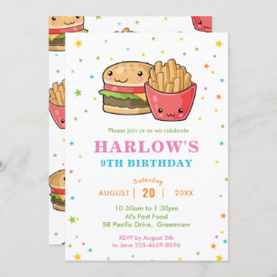 Invitation Anniversaire de Kawaii Cute, Fille du Burger Party