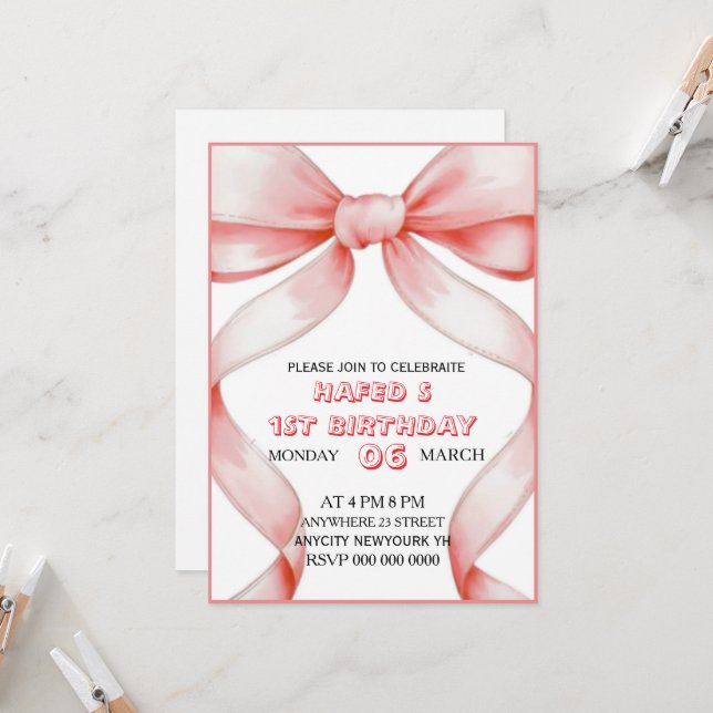 Invitation Anniversaire de la Bow rose, Fille Anni (Devant/Arrière en situation)