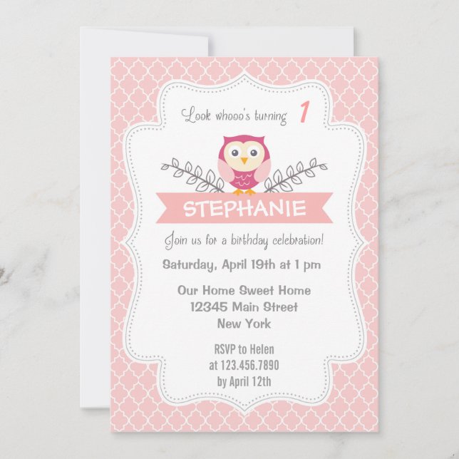 Invitation Anniversaire de la Chouette douce rose  (Devant)