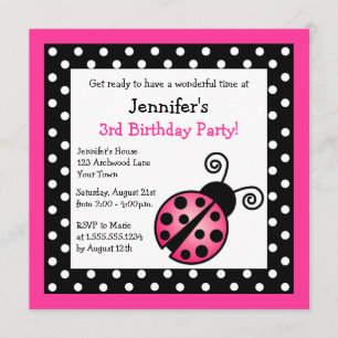 Invitation Anniversaire de la coccinelle rose - Pois noirs et