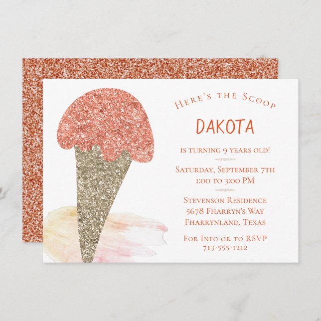 Invitation Anniversaire de la crème glacée | Parti d'or Rose  (Devant / Derrière)