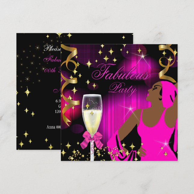 Invitation Anniversaire de la Diva au Glitter Rose Chaud Fabu (Devant / Derrière)