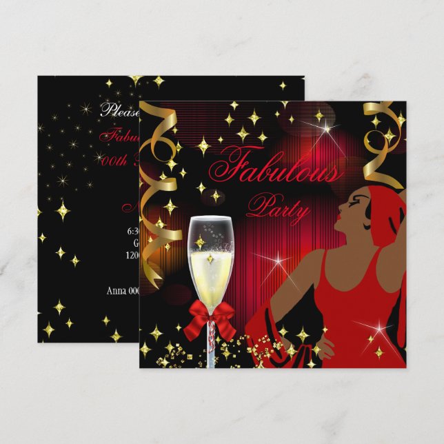 Invitation Anniversaire de la Diva au Glitter Rouge Fabuleux (Devant / Derrière)