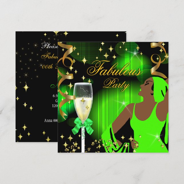 Invitation Anniversaire de la Diva au Glitter Vert Citron Inc (Devant / Derrière)